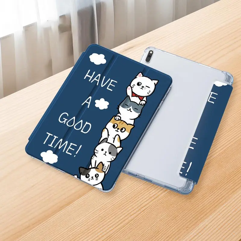 Cartoon Cat Pattern Tablet Case with Pen Slot, Auto Sleep/Wake Up Tablet Protective Cover, Multi-angle Support Tablet Protector for iPad 2