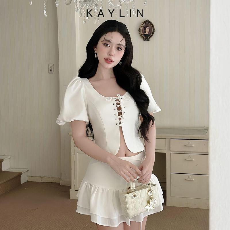 Set KAYLIN Áo Kiểu Đan Dây Phối Chân Váy Ngắn Chất Vải Cotton Phong Cách Tiểu Thư Gợi Cảm - N2365 Nữ Women Top Trắng
