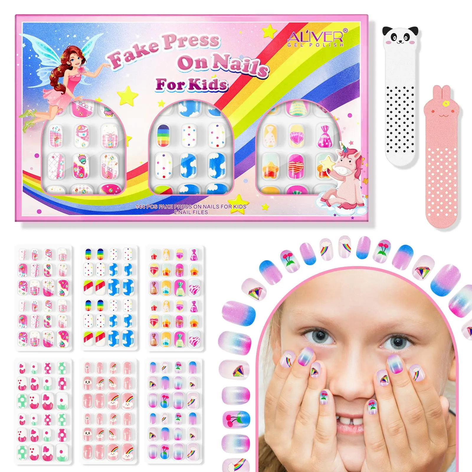 Rainbow Candy Style Fake Press on Nails for Kids, 1 Set Colorful Nail Art Kit with Nail File, DIY Nail Art Kit for Girls