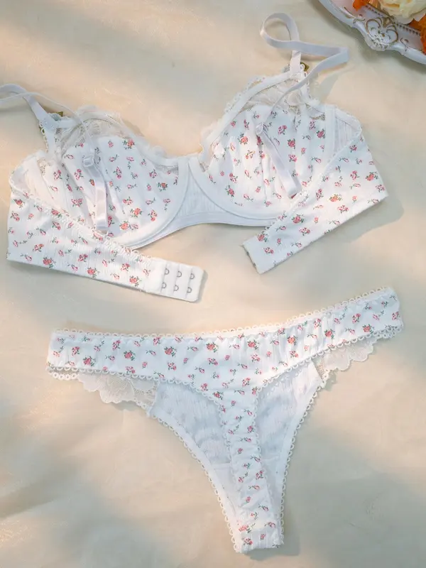 Women's Ditsy Floral Print Contrast Lace Bra & Panty Set, Floral Decor Adjustable Strap Bra & Knicker, Summer Wear 2024, Summer Clothes Women, Ladies Lingerie Set Valentine's Day, Underwear for Women 1