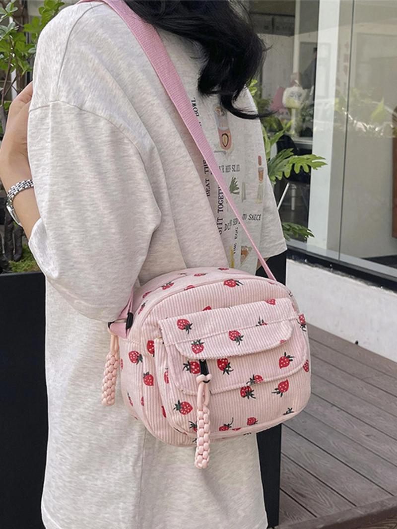Product Introduction of Women's Strawberry Pattern Corduroy Crossbody Bag, Fashionable Zipper Shoulder Bag for Daily Used, Casual Trendy Versatile High-quality Commuting Bag 6