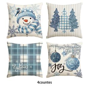 Christmas Themed Cushion Cover, 4 Counts/set Snowman & Snowflake Pattern Throw Pillow Cover without Filler, Household Decoration Supplies for Home Living Room Sofa