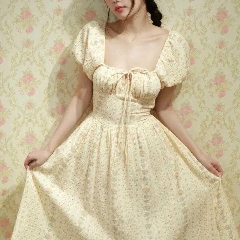 Fairy dress tay phồng dáng dài có dây thắt nơ