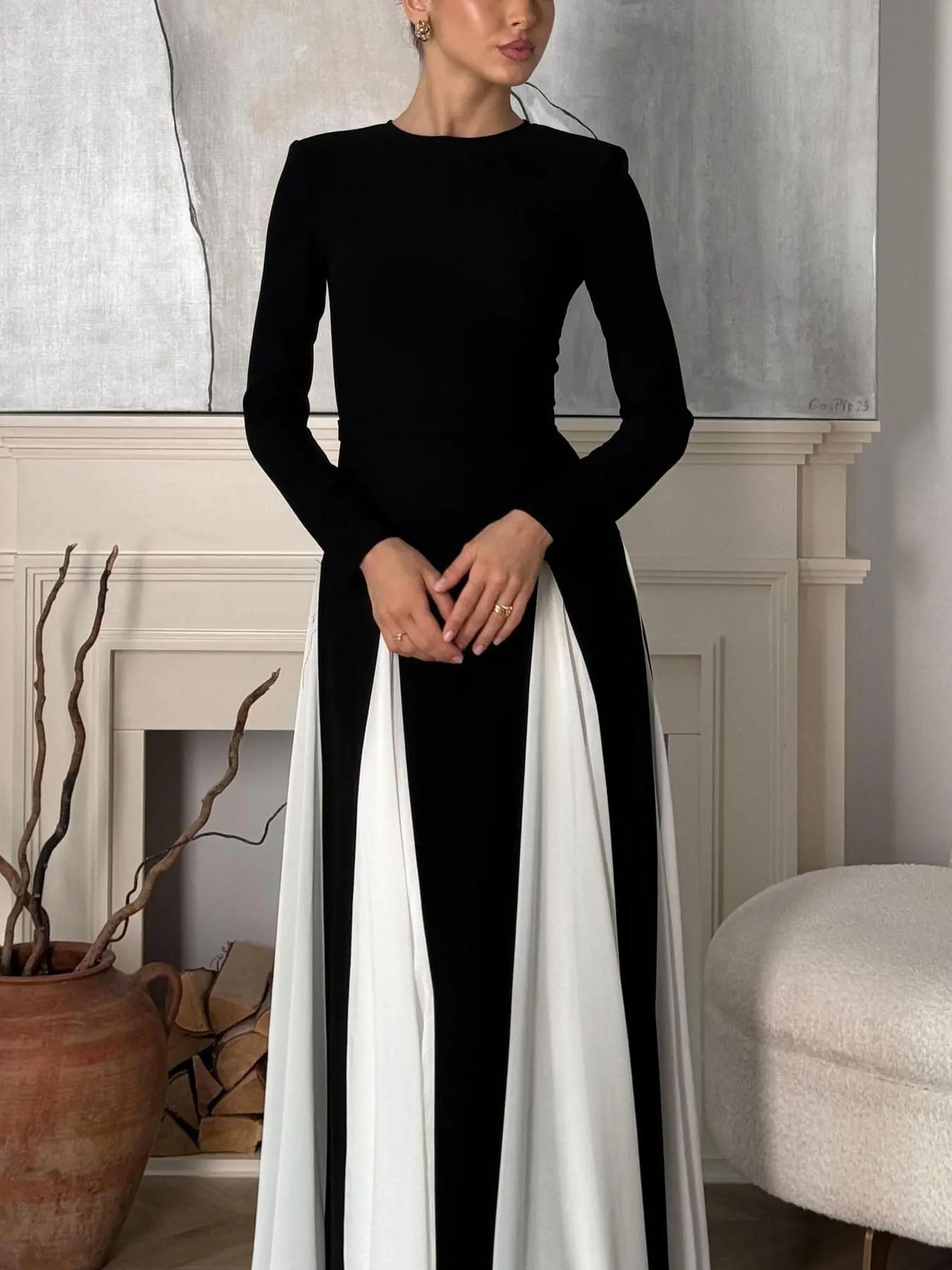 Women's Colorblock Plicated Long Sleeve Dress, Elegant Round Neck Long Dress for Party Holiday Wedding Guest, Ladies Clothes for All Seasons