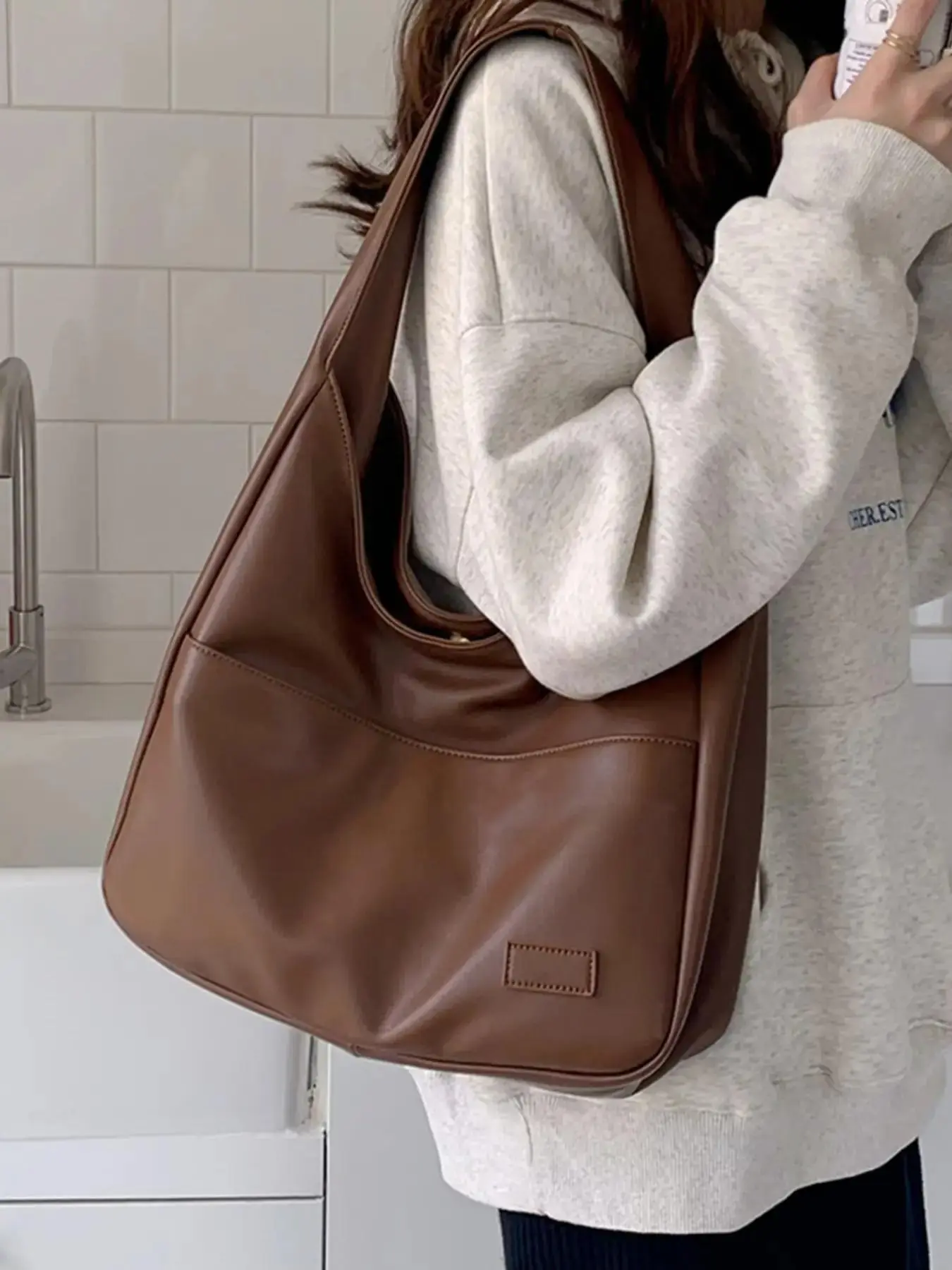 Women's Solid Color Patched Design Shoulder Bag, Fashionable Large Capacity Crossbody Bag for Work & Daily Used, Casual Trendy Versatile High-quality Daily Commuting Bag, Purse