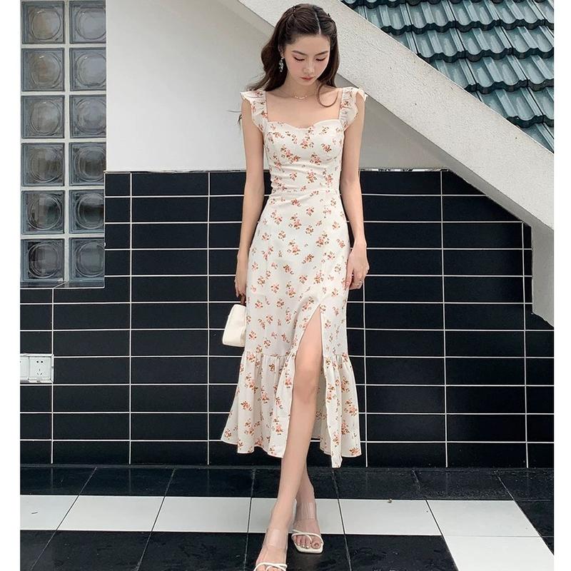  7806 đầm hoa nhí vàng nhạt dây dáng dài nữ công sở xinh nhẹ nhàng đầm vintage pháp thanh lịch đi biển 