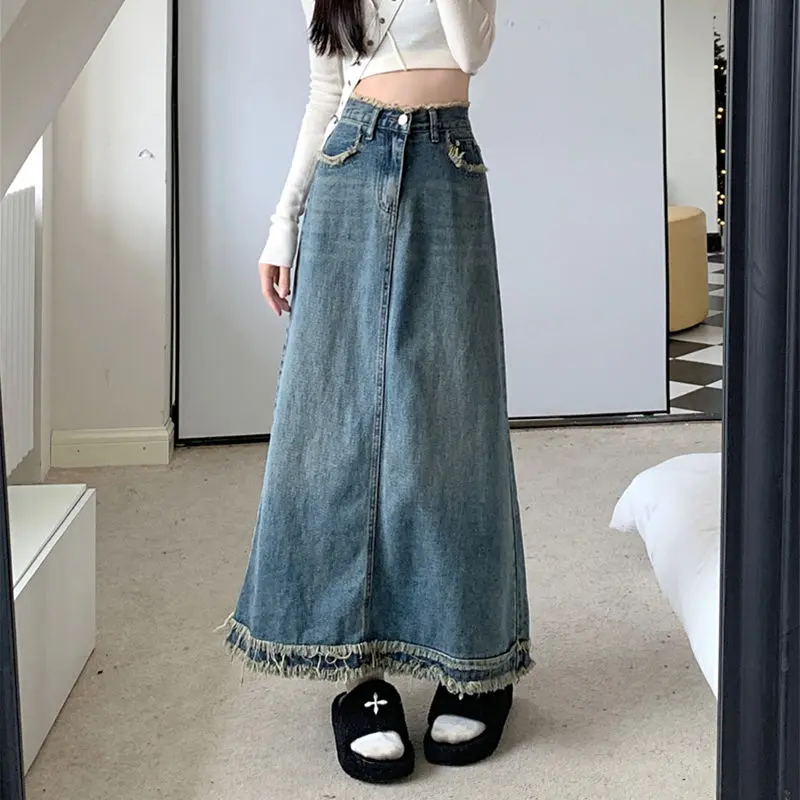 WOMEN'S denim skirt mid-length 2024 autumn thin high waist slimming raw edge A-line skirt hip skirt