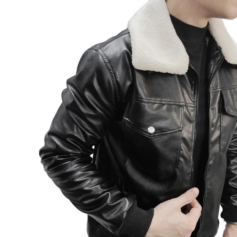 Áo khoác da pu lót lông migdomo Menswear Nam Jacket Có Túi Có Cổ Đen