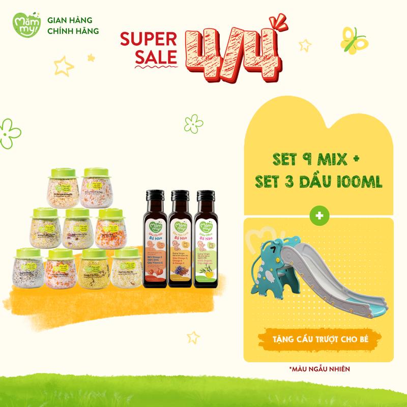 [Tặng CẦU TRƯỢT]  Combo 3 Dầu ăn dặm bổ não Mămmy (cá hồi Nauy, hạt lanh Trung Đông, olive Ý) giàu DHA, Omega, Chai 100ml + 9 hũ hạt mix giàu vitamin Cho Bé