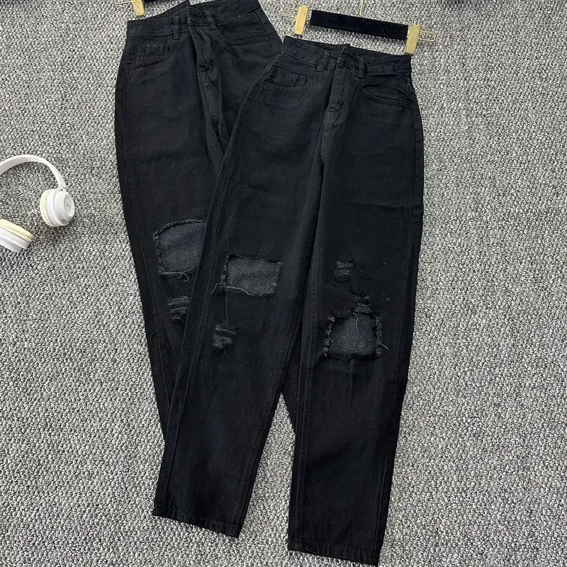 Quần jean baggy nữ màu đen rách gối, cạp cao cá tính kiểu dáng hàn quốc Pants Women mã 522 4
