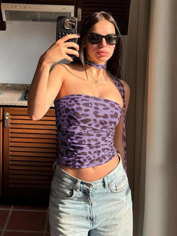 Women's Leopard Print Ruched Mesh Tube Top with Belt, Casual Strapless Top for Summer, Ladies Clothes for Party Club Beach Vacation, Tube Top, Womenswear 5