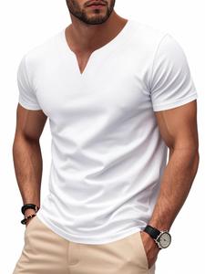 Camiseta para hombre de color sólido con cuello en V, ajuste regular, casual, de secado rápido y agradable para la piel, manga corta para el verano; camiseta para hombre para uso diario, estilo tropical.