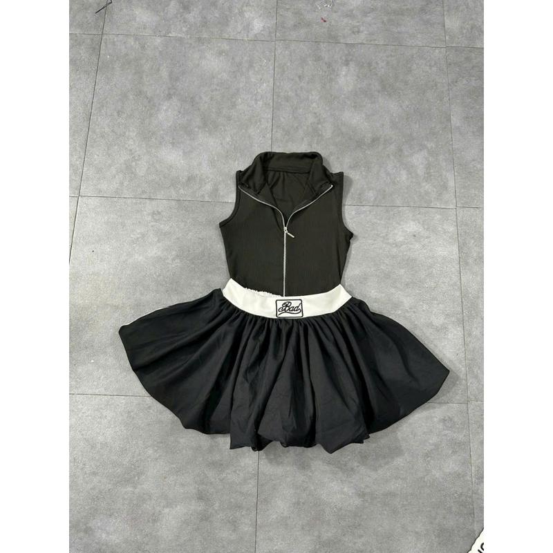 Set Áo Ba Lỗ Sát Nách Khóa Kéo Chân Váy Bí Phồng Kẻ Sọc Nữ Women 3