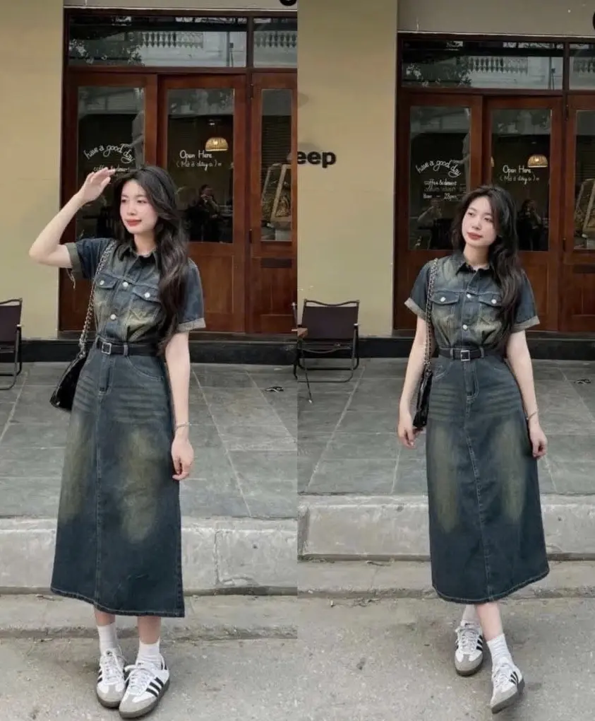 Đầm jean tay ngắn cổ bẻ cài nút kiểu dáng dài kèm nịt trẻ trung xinh xắn
