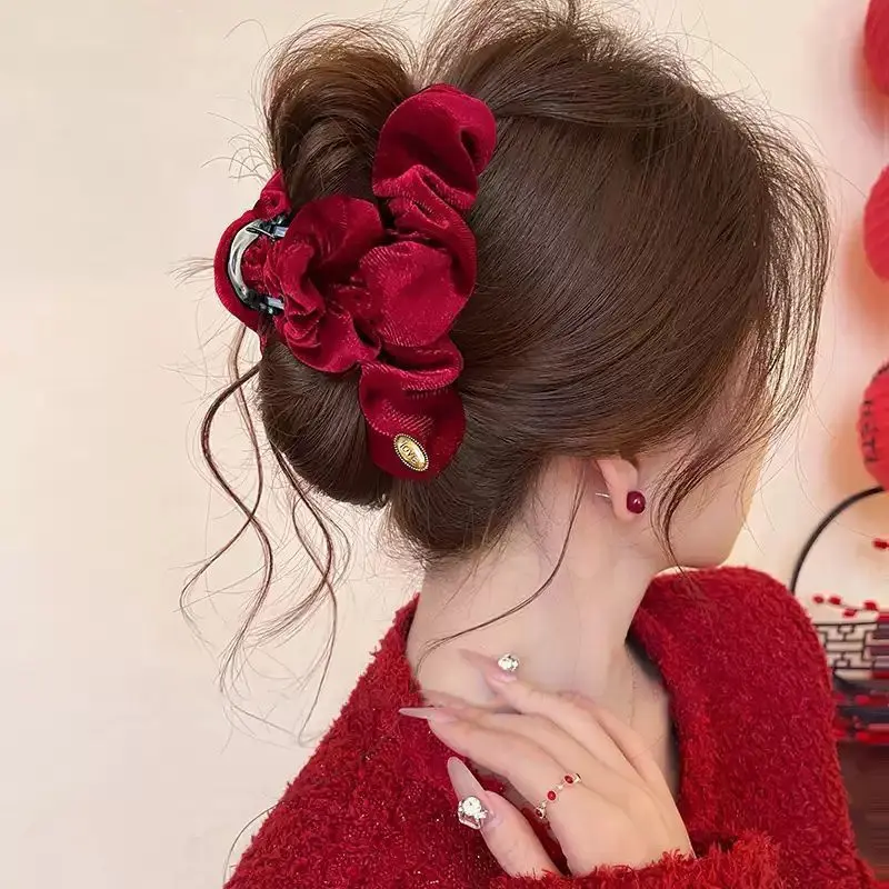 Mũ Cài Tóc, Vải Nhung, Kẹp Tóc Đám Mây Đỏ, Kẹp Tóc Lớn Cao Cấp Mới Cho Nữ, Kẹp Sau Đầu, Hoàn Hảo Cho Năm Mới 2025, Phụ Kiện Cài Tóc 4