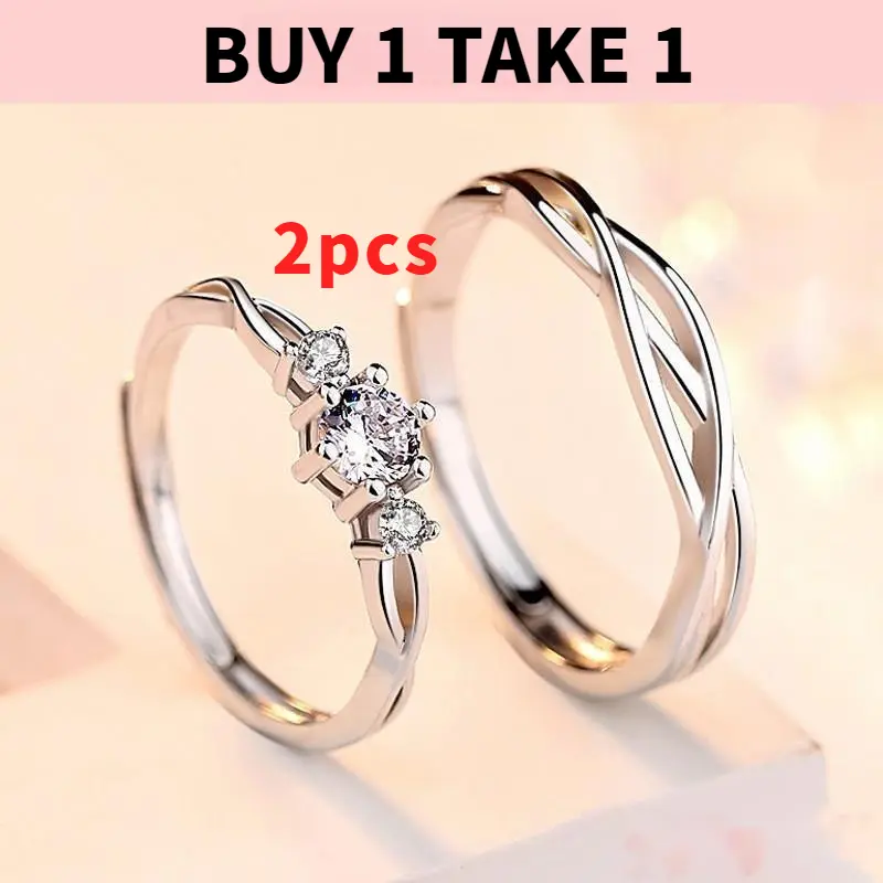 [Buy 1 take 1] jewelry 2PCs set 925 silver couple ring Crystal Diamond couple wedding adjustable rings for women fashion accessories