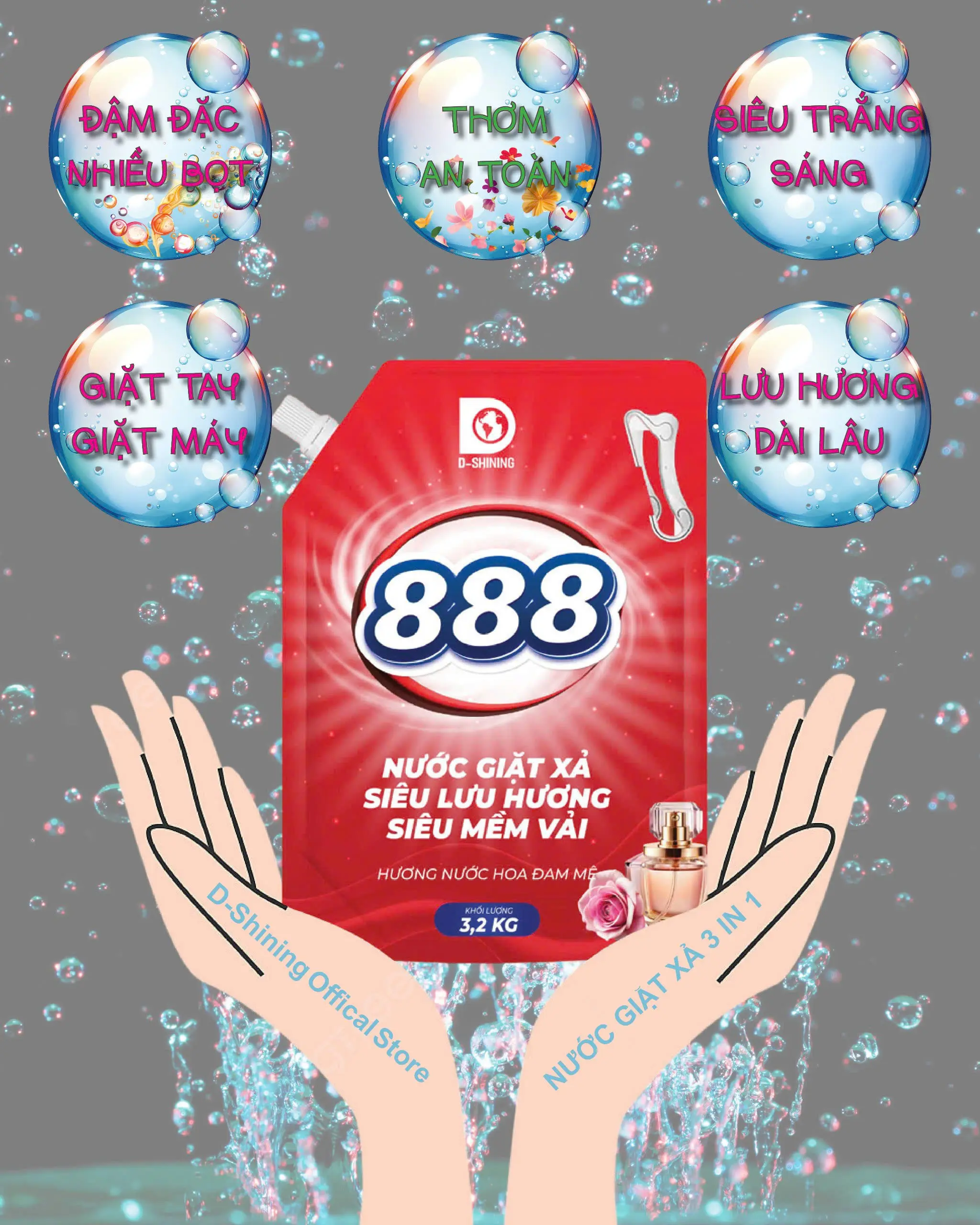 [HÀNG CHÍNH HÃNG] NƯỚC GIẶT XẢ 888 CAO CẤP ĐẬM ĐẶC TÚI 3.2KG SIÊU LƯU HƯƠNG, SIÊU MỀM VẢI