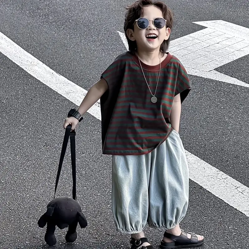 Bộ Quần Áo Trẻ Em, Phong Cách Hàn Quốc, Dành Cho Bé Trai Và Bé Gái, Áo Phông Và Quần Chống Muỗi Dáng Rộng, Bộ Áo Phông Khối Màu, Hợp Xu hướng, Mùa Hè 2024 0