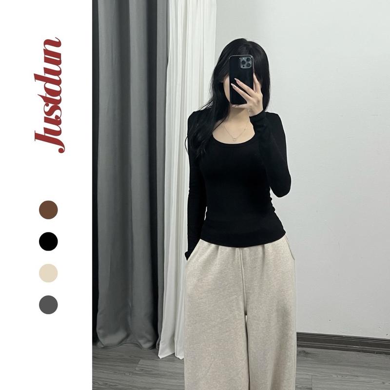 Áo thun tăm tay dài CỔ U A40 JUSTDUN Top Voi