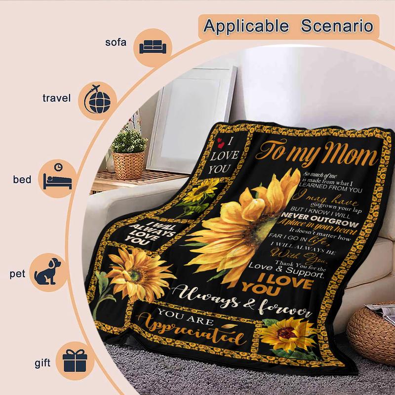 Sunflower & Letter Pattern Blanket Gift for Mom, Casual Soft Throw Blanket, All Season Blanket, Breathable Comfortable Blanket, Comfy Bedding for Christmas Decor, Air-conditioning Blanket for Home Office Travel, Christmas Gifts, Christmas Decorations 5
