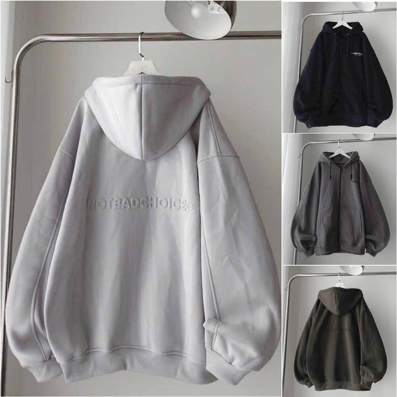 Áo Hoodie Nữ Zip IN Dập Nổi Chữ  Khóa Kéo Nón 2 Lớp To Rộng Tay Phồng Form Rộng Nữ Top Women Jacket Kem Đen