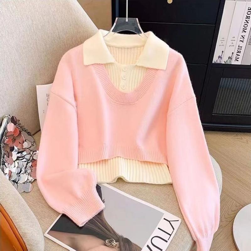 Vòng Cổ Polo, Phong Cách Hàn Quốc, Bộ Đồ Áo Vest Áo Chui Đầu Đồ Len Bộ Đồ Hai Mảnh, Hàng Mới Về Mùa Thu Và Mùa Đông 2024, Áo Trên Nữ Women Top 2