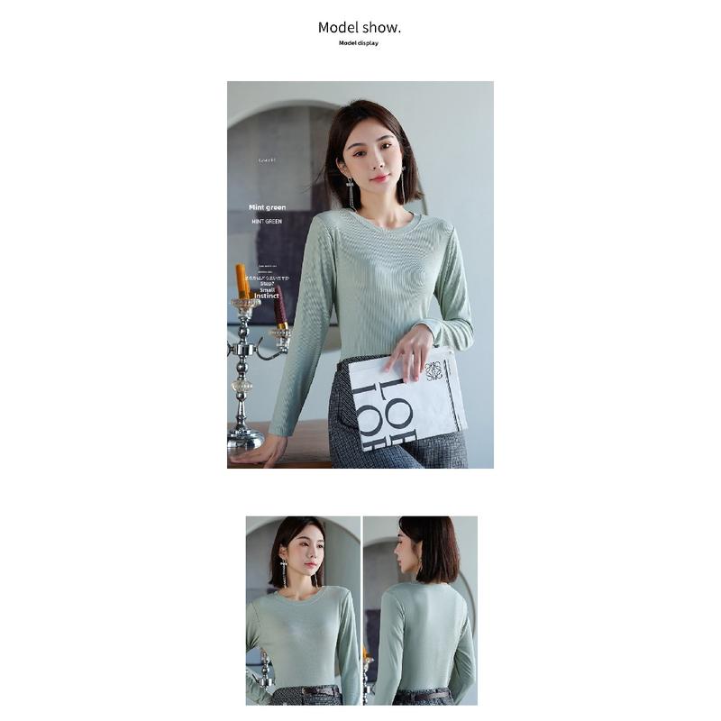 Product Introduction of Women's Long-Sleeved Bottoming Shirt Fall and Winter Inner Wear 2024 New Thread round Neck Loose Slim Western Style Black T-shirt Top Womenswear Lingerie Lady Comfort Longsleeve Basic turtleneck  tank Crewneck Minimalist 10