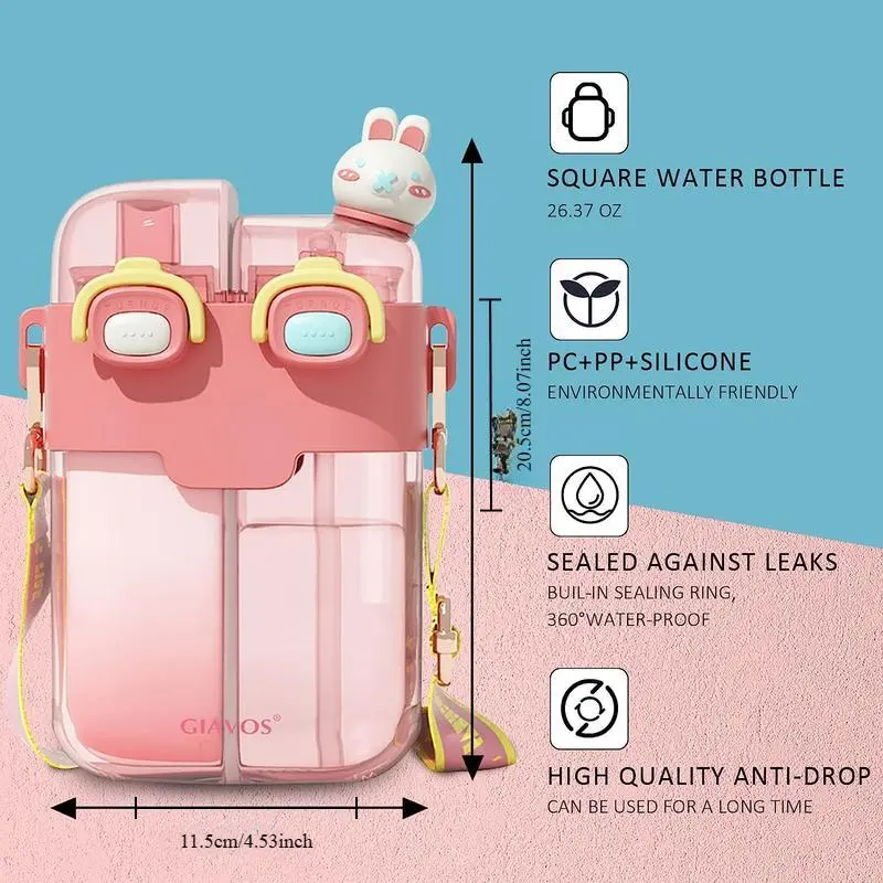 26oz Cute Bear Design Water Bottle, Portable Double Compartment Sports Water Bottle with Adjustable Strap, Leak-proof Water Bottle for Outdoor Sports School 5