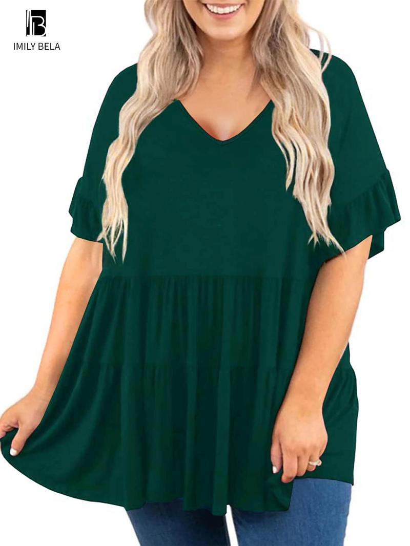 Product Introduction of 【Plus Size】 Solid V Neck Tee, Casual Short Sleeve T-shirt for Summer, Women's Clothing for Daily Wear 7