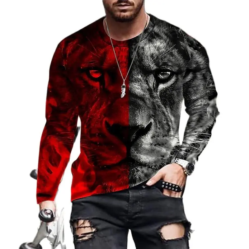 Summer Tiger Printed 3D T-Shirt Long Sleeve Spring And Autumn Men'S Street Top Trendy Personalized Men'S Wear Fabric Menswear Polyester Streetwear Human Lingerie Wetsuit