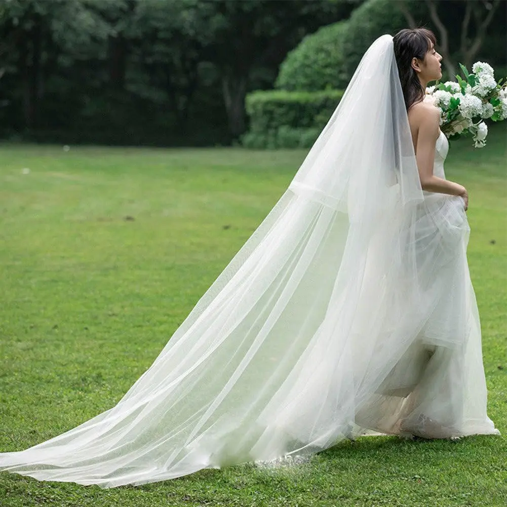 Women Creamy White Bride Bridal Long Wedding Headdress With Comb Headgear