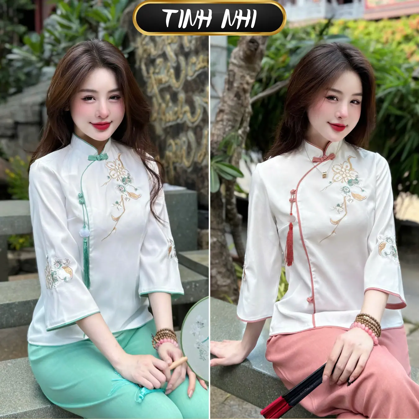 Đồ lam đi lễ đũi dày dặn kèm charm cao cấp Tinh Nhi PP85 Nhung Nữ Kem Áo Top Women Xanh Jacket