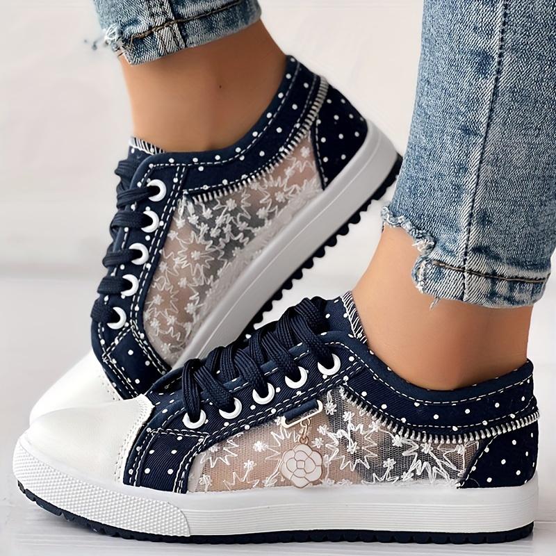 Women's Floral Mesh & Cover Casual Sneakers - Breathable Low-Top Lace-Up Round-Toe Shoes with PU Sole for Casual Attire, Ladies Sneakers, Comfortable Footwear, Durable Traction Footwear 7