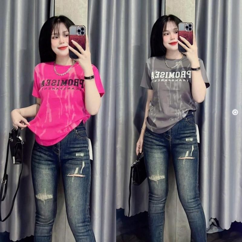 [Promisia] Áo Thun Nữ From Ôm In Hình Chữ Dập Nỗi Xinh  PROMISEA,Cổ Tròn ,Tay Ngắn,Vải Thun Co Giản 4 Chiều