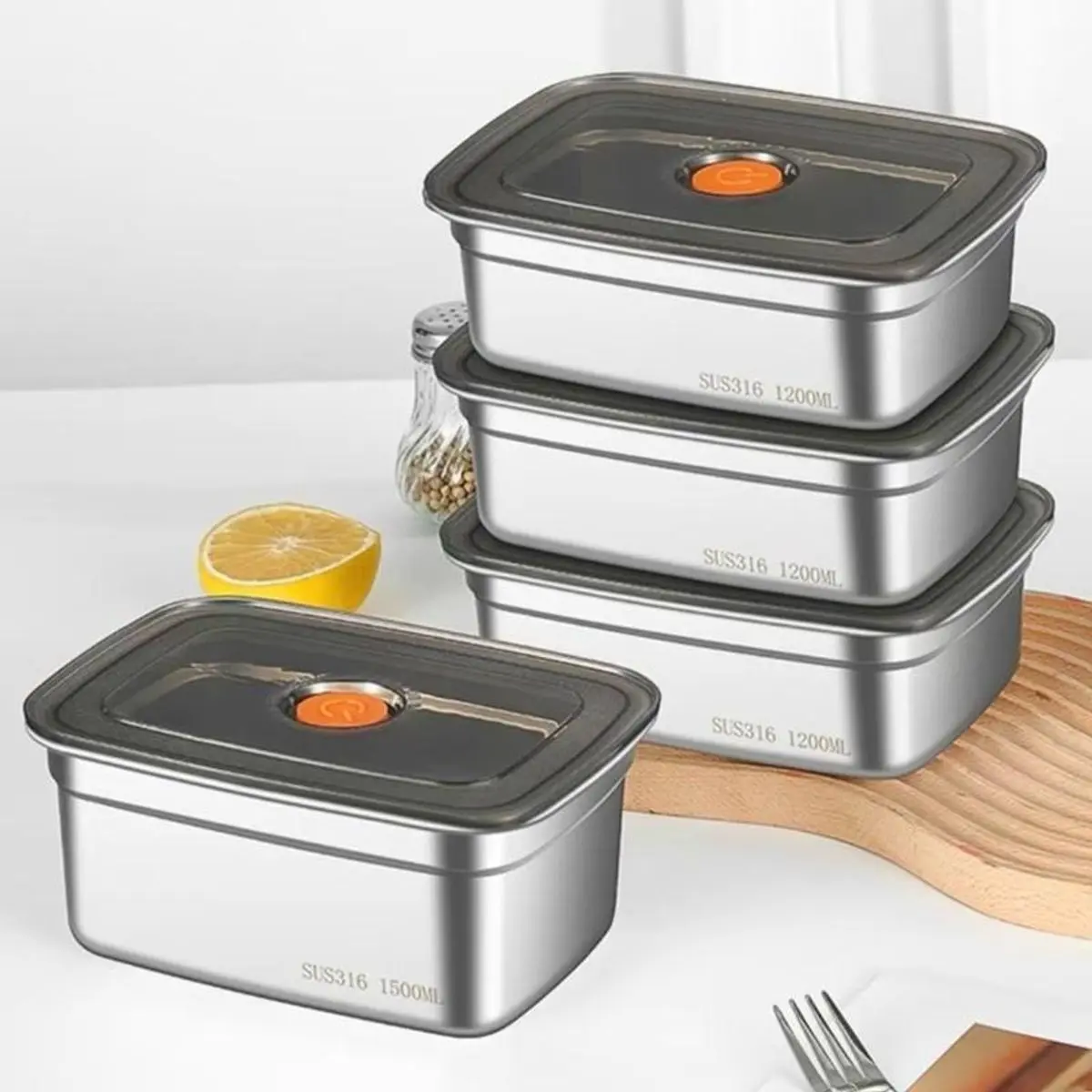 ￼COMBO 5 hộp 1500ML inox 304 LOẠI 1 có nắp đậy hút chân không, khay đựnġ đồ để tủ lạnh ngăn mùi 19cm x 8.5cm x 13cm