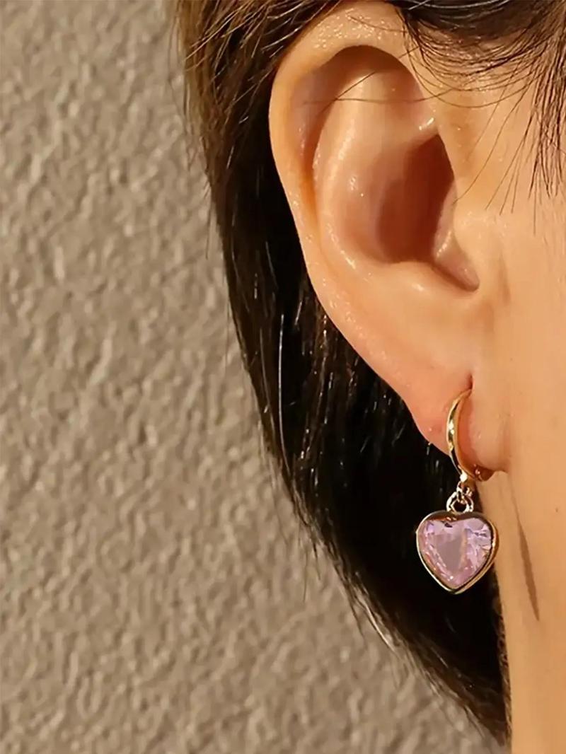 Product Introduction of Heart Shaped Zirconia Decorated Hoop Earrings, Fashionable Earrings for Women & Girls, Trendy All-match & Exquisite Jewelry for Birthday Gift 4