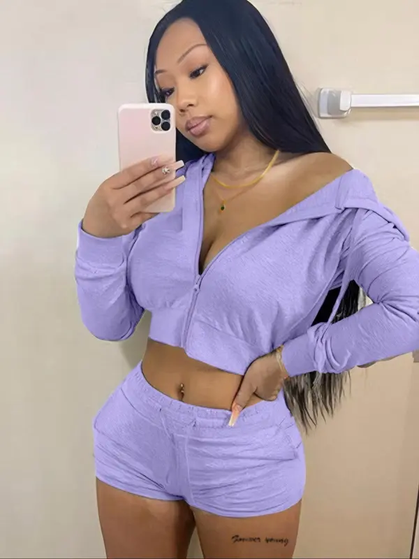 Two-Piece Set Women's Solid Zip Up Crop Hoodie & Drawstring Waist Shorts Set, Long Sleeve Cropped Hooded Top & Pocket Track Shorts, Casual Spring & Fall Clothes for Outdoor 1