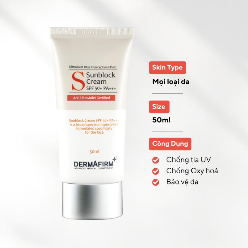Product Introduction of [HÀNG CÔNG TY] KEM CHỐNG NẮNG DERMAFIRM SUNBLOCK CREAM SPF 50+ PA+++ cho da khô, dầu, mụn nhạy cảm 50ML - BS HỒNG ĐÀO 64