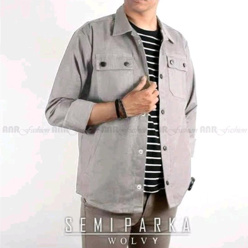 Jaket Semi Parka Casual Trucker Canvas Pria Mewah dan keren Army Hijau Maroon Mustard Hitam Biru Merah Navy Panjang Muda Kancing 5