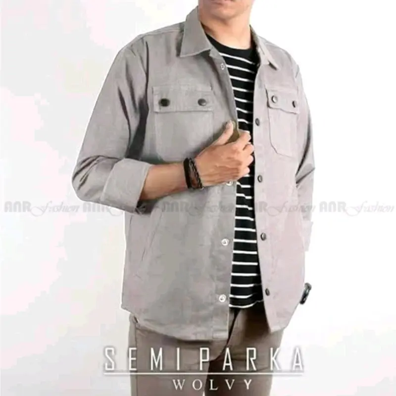 Jaket Semi Parka Casual Trucker Canvas Pria Mewah dan keren Army Hijau Maroon Mustard Hitam Biru Merah Navy Panjang Muda Kancing 5
