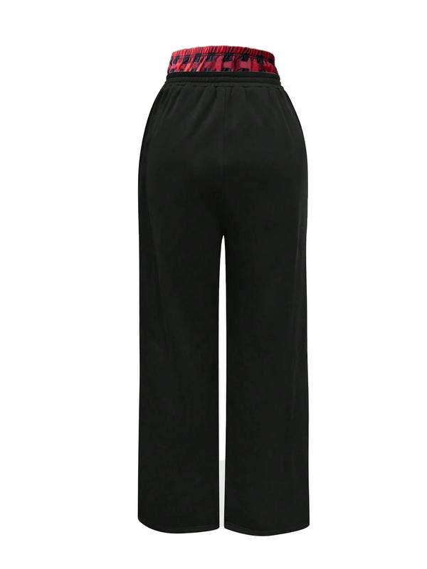 Unisex Letter & Plaid Patchwork Drawstring Waist Pocket Sweatpants, Casual Street Jogger Pants for Fall & Winter, Unisex Bottoms for Daily Wear 1