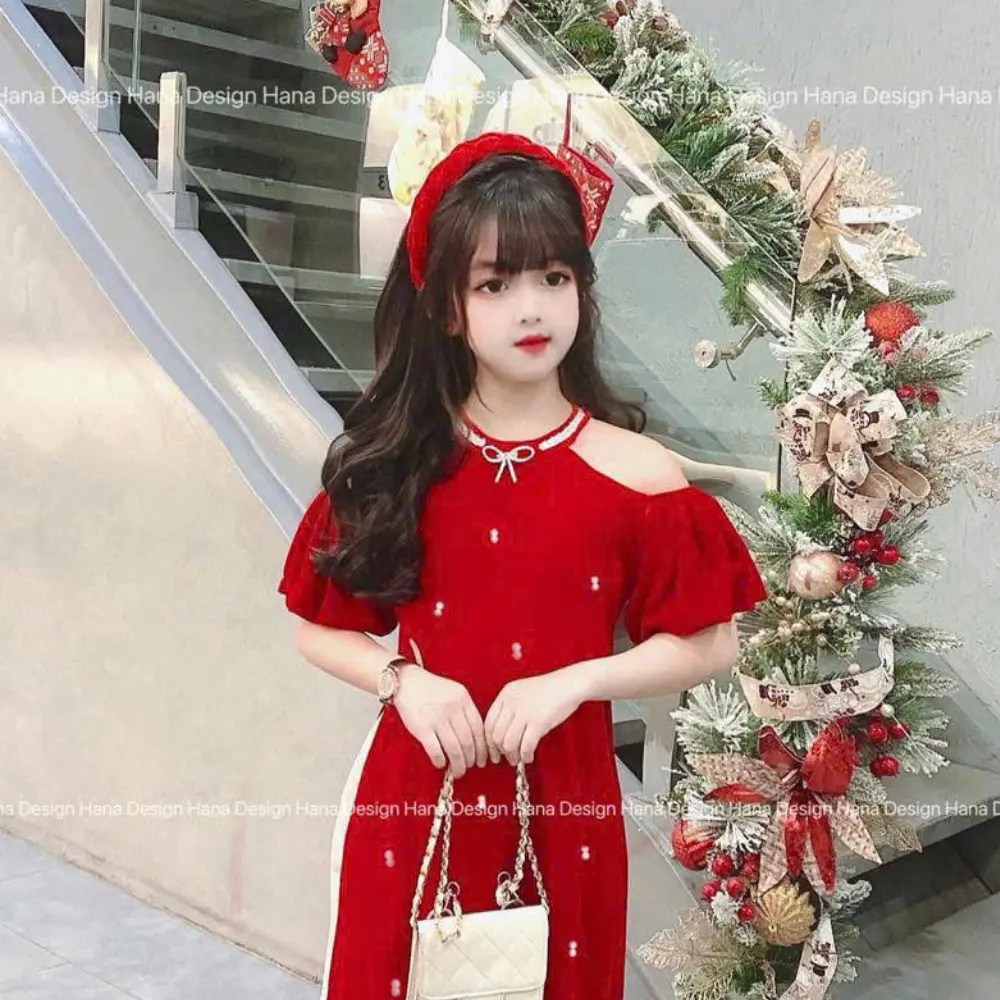 Mã S9: (20kg - 60kg) Sét áo dài chất cotton lạnh hở vai kèm quần chất lụa mịn cho bé gái ( không kèm cài )