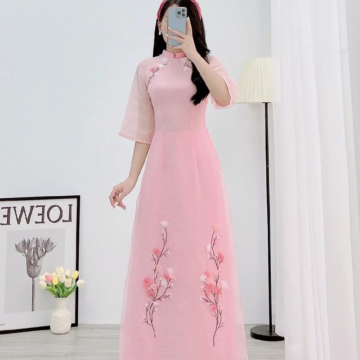 Áo dài tơ 4 tà (Áo dài My Giang) Dịp lễ, Tết Nữ Women Màu Hồng