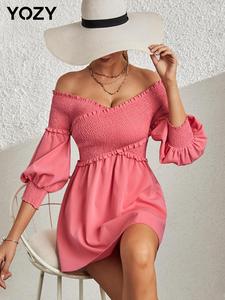 YOZY Women's Spring Frill Trim Criss Cross Shirred Off Shoulder Blouse, Elegant Bishop Sleeve Off Shoulder Top, Women's Clothing for Daily Wear