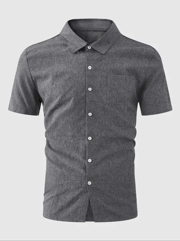 【Plus Size】 Men's Regular Fit Plain Short Sleeve Button Up Shirt, Casual Retro Lapel Neckline Top for Summer, Men's Clothes for Daily Wear 2