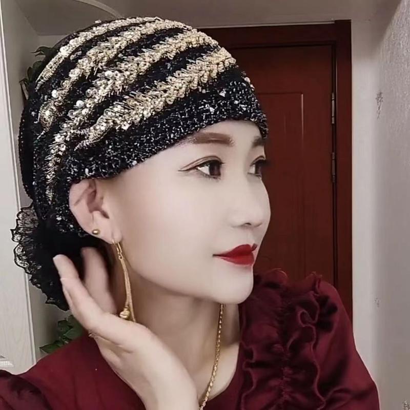 Product Introduction of Glitter Diamonds Embroidery Lace Turban Hats for Women Muslim Headscarf Head Wraps Caps Female Daily Beanie Hair Cover Cap 6