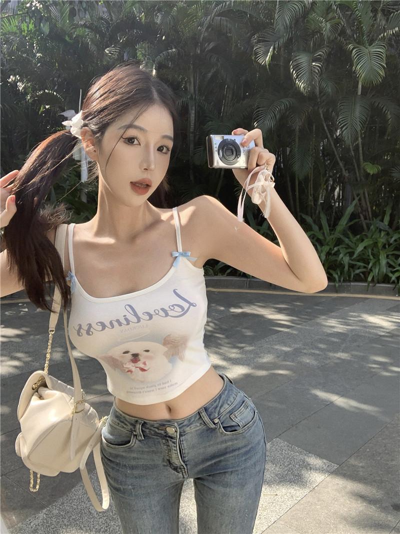 Product Introduction of Popular Pure Sexy Sling Vest with Chest Pad Cute Printed Cartoon White Hot Girl Beauty Back Inner Wear Outer Wear Women 25