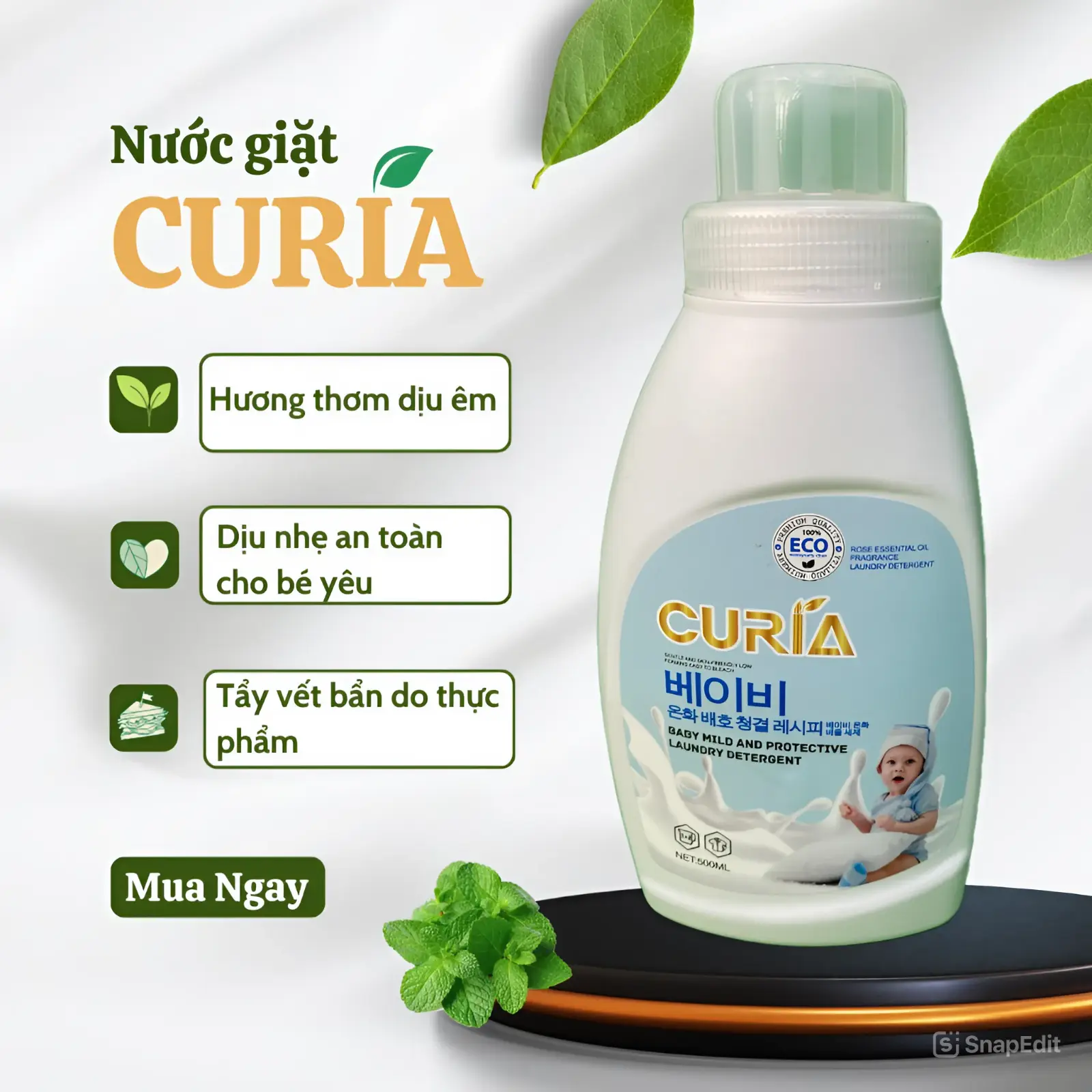 Nước giặt Curía cao cấp cho quần áo trẻ em - Hương tinh dầu thiên nhiên, 500ml