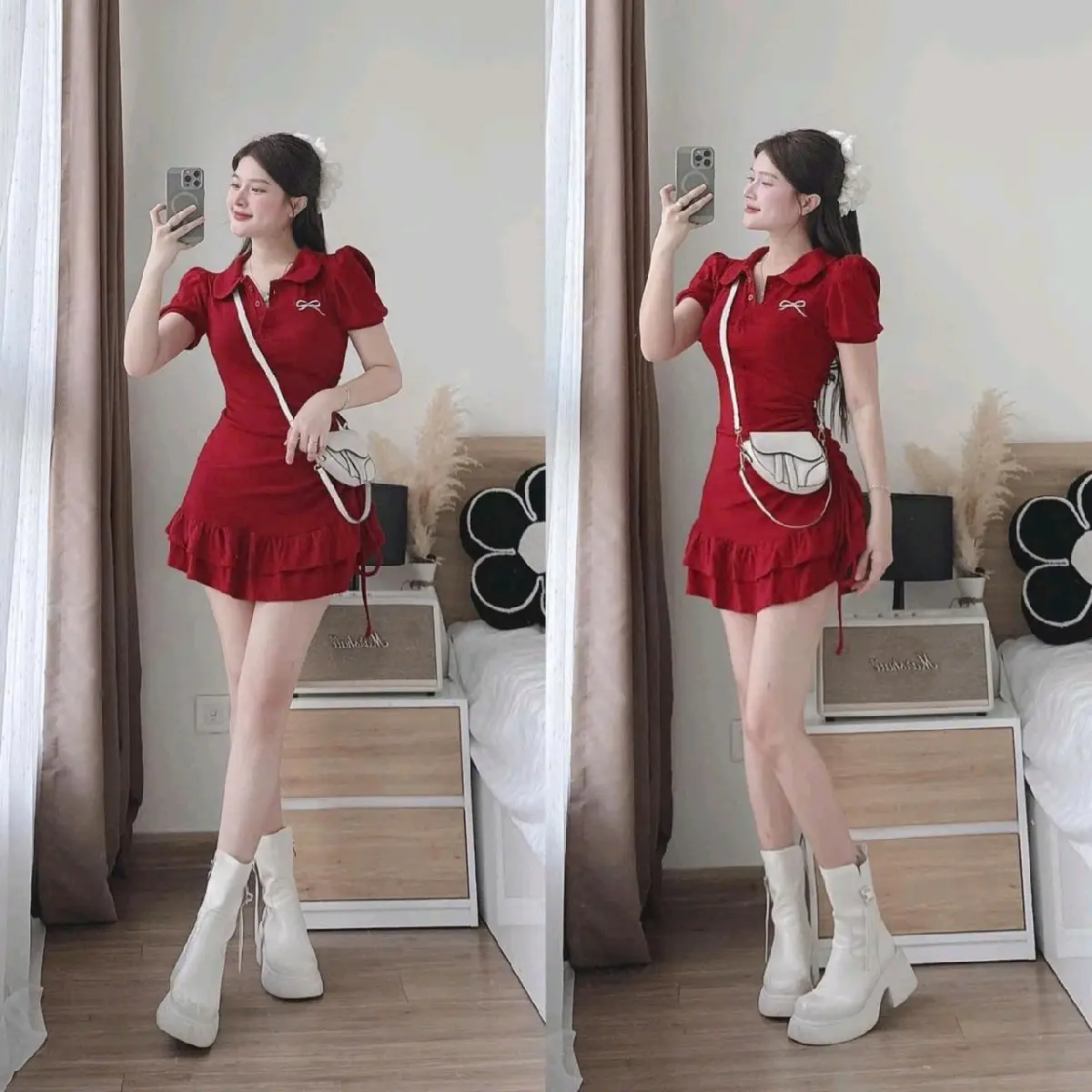 Đầm body cổ trụ tay ngắn xếp 2 tầng rút dây eo dáng ngắn sang chảnh kèm quần rời_ Chất thun  tăm lạnh