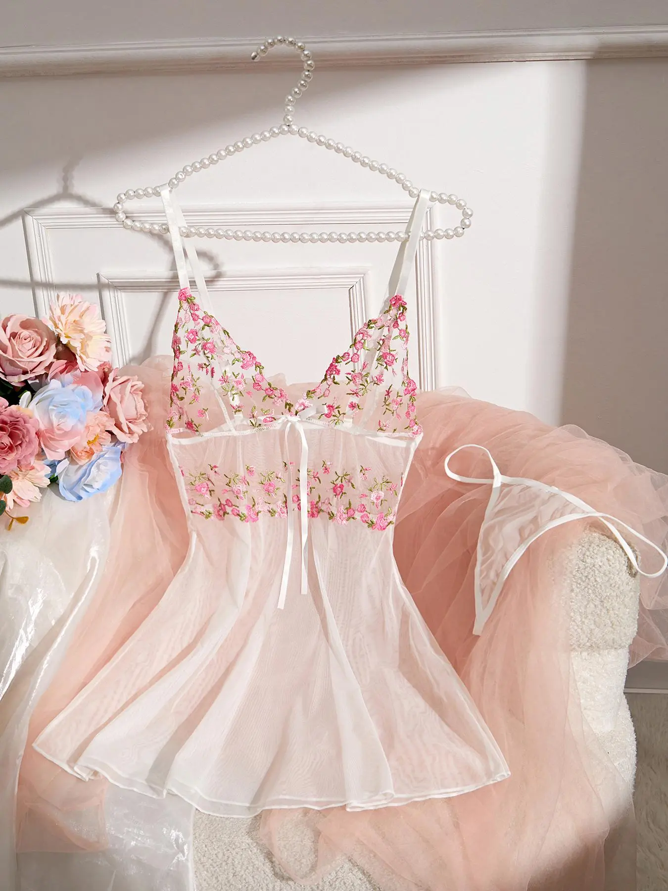 Women's 2pcs Ditsy Floral Embroidery Sheer Cami Nightdress & Thong Set, Bow Decor Spaghetti Strap Nighty Dress & Thong Set, Lingerie Set for Women, Women Sexy Lingeries & Costumes, Naughty Lingerie